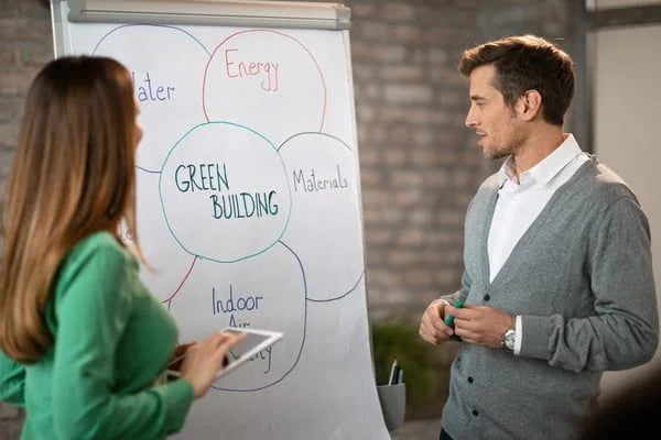 Man and woman brainstorming green building